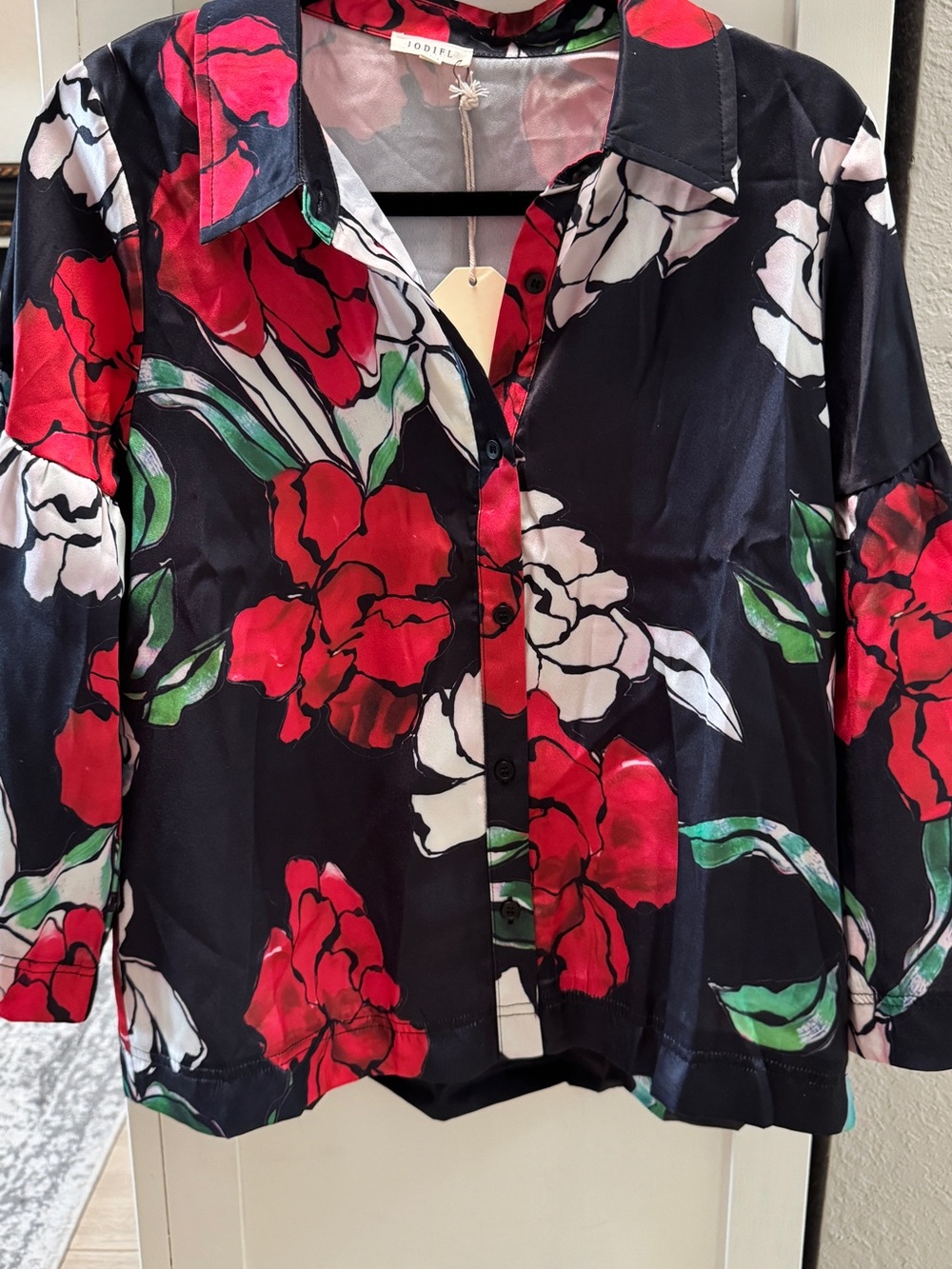 JODIFL Black Floral Button-Up Blouse with Red, White & Green Accents